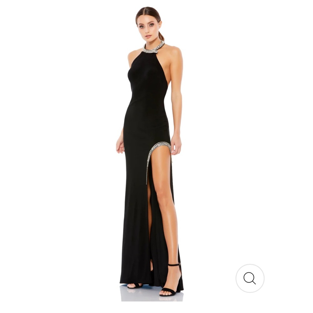 Never Worn Ieena for Mac Duggal High Slit Halter Gown with Rhinestone Accents.